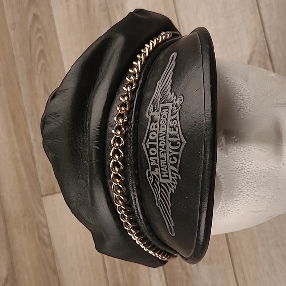 HARLEY DAVIDSON Black Leather Motorcycle Moto‎ Captains Mens Hat Cap VTG RARE